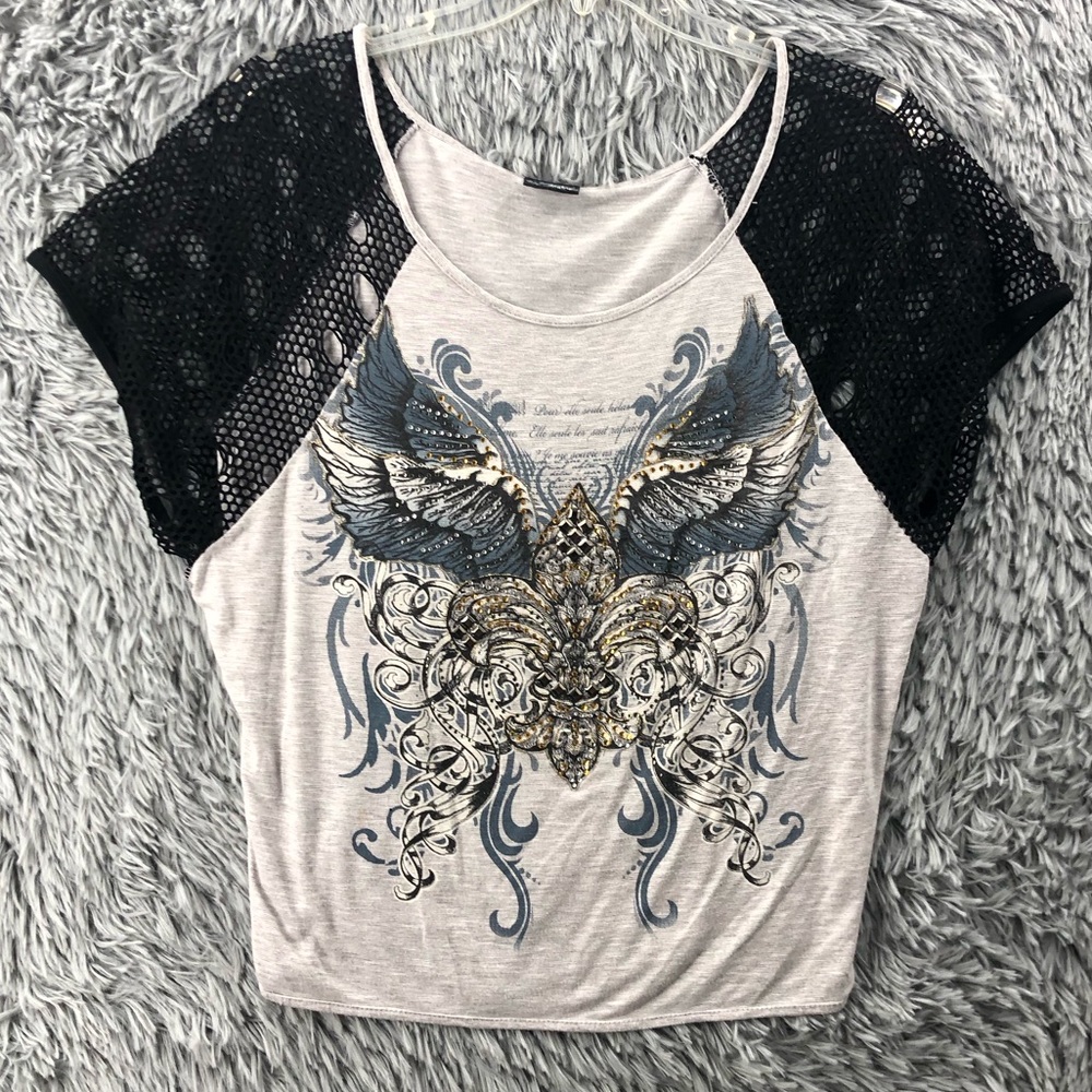 Daytrip Shirt Womens Medium 80s Knit Hole Shoulders Embellish Fleur De Lis Wing